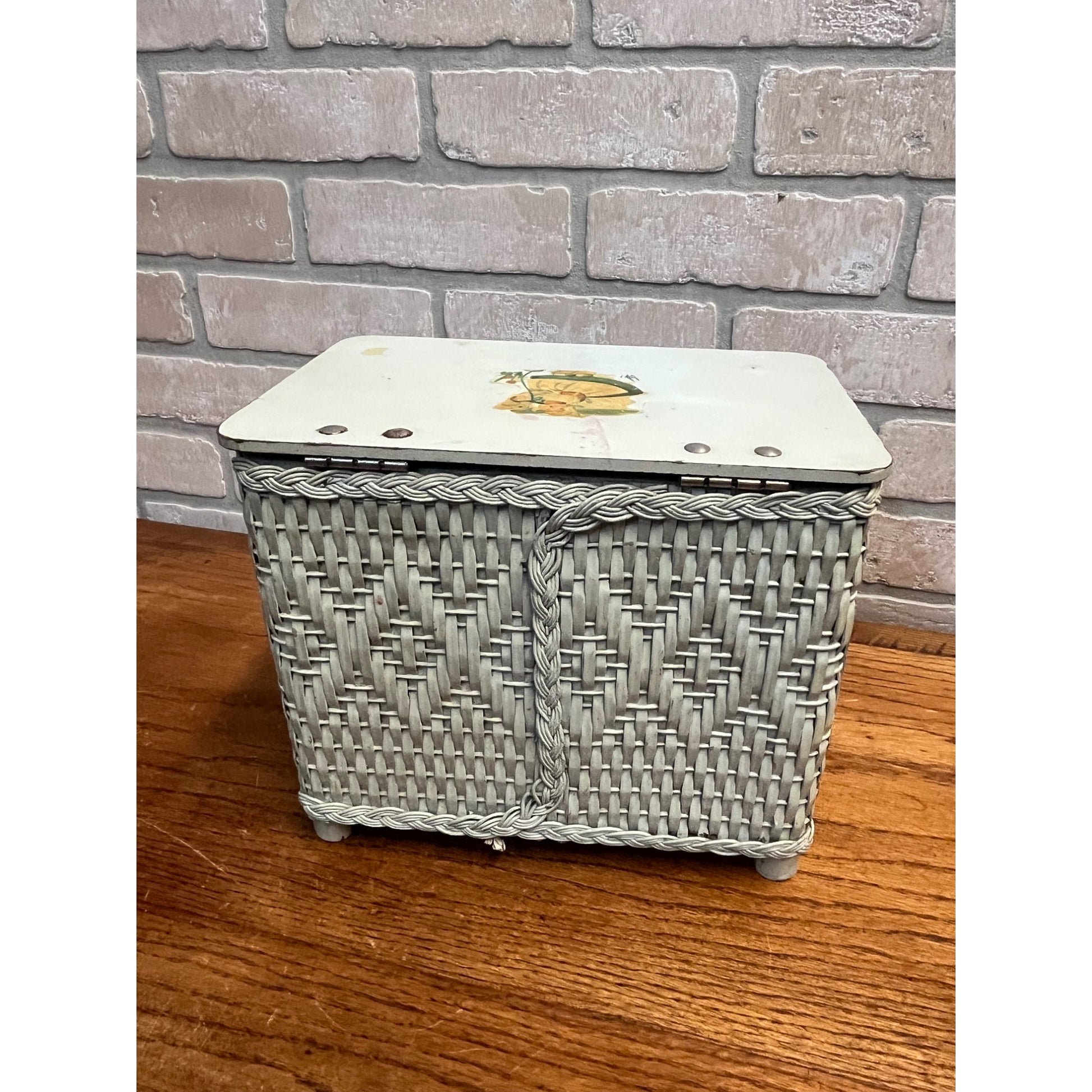 Vintage 1950s CHILD'S TOY WICKER Hamper with Dutch Girl Decal on Top