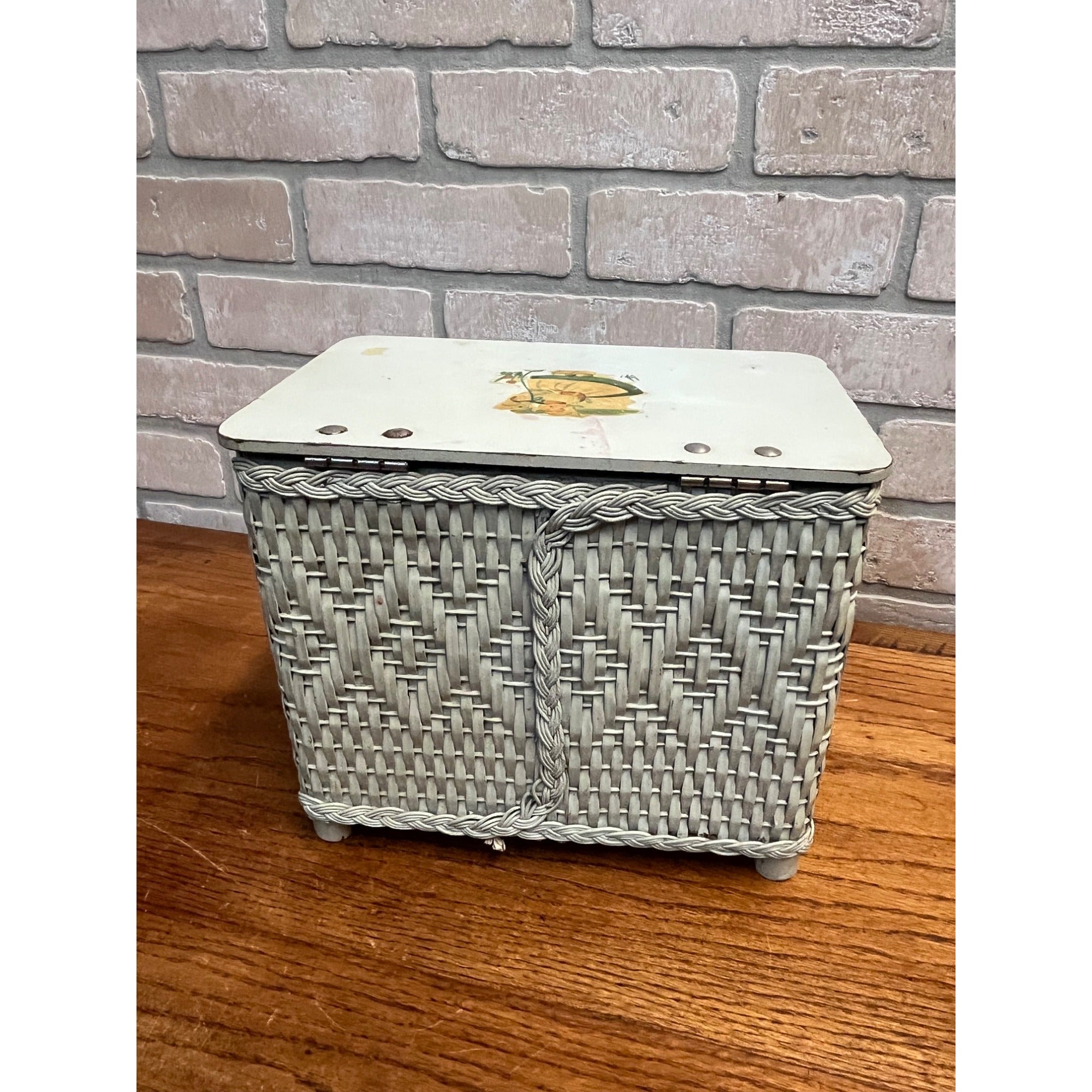 Vintage 1950s CHILD'S TOY WICKER Hamper with Dutch Girl Decal on Top