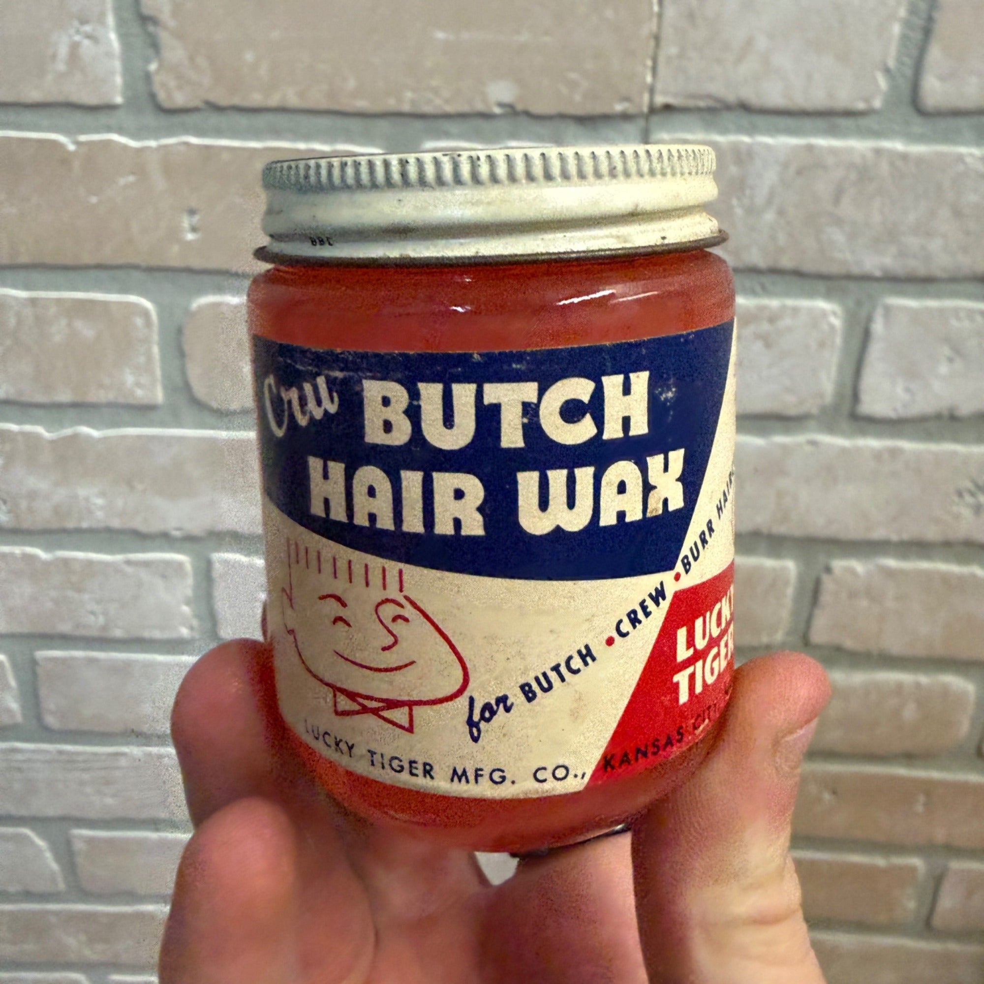 Vintage Barber Shop CRU BUTCH HAIR WAX Lucky Tiger For Butch & Crew Cuts Jar 50s