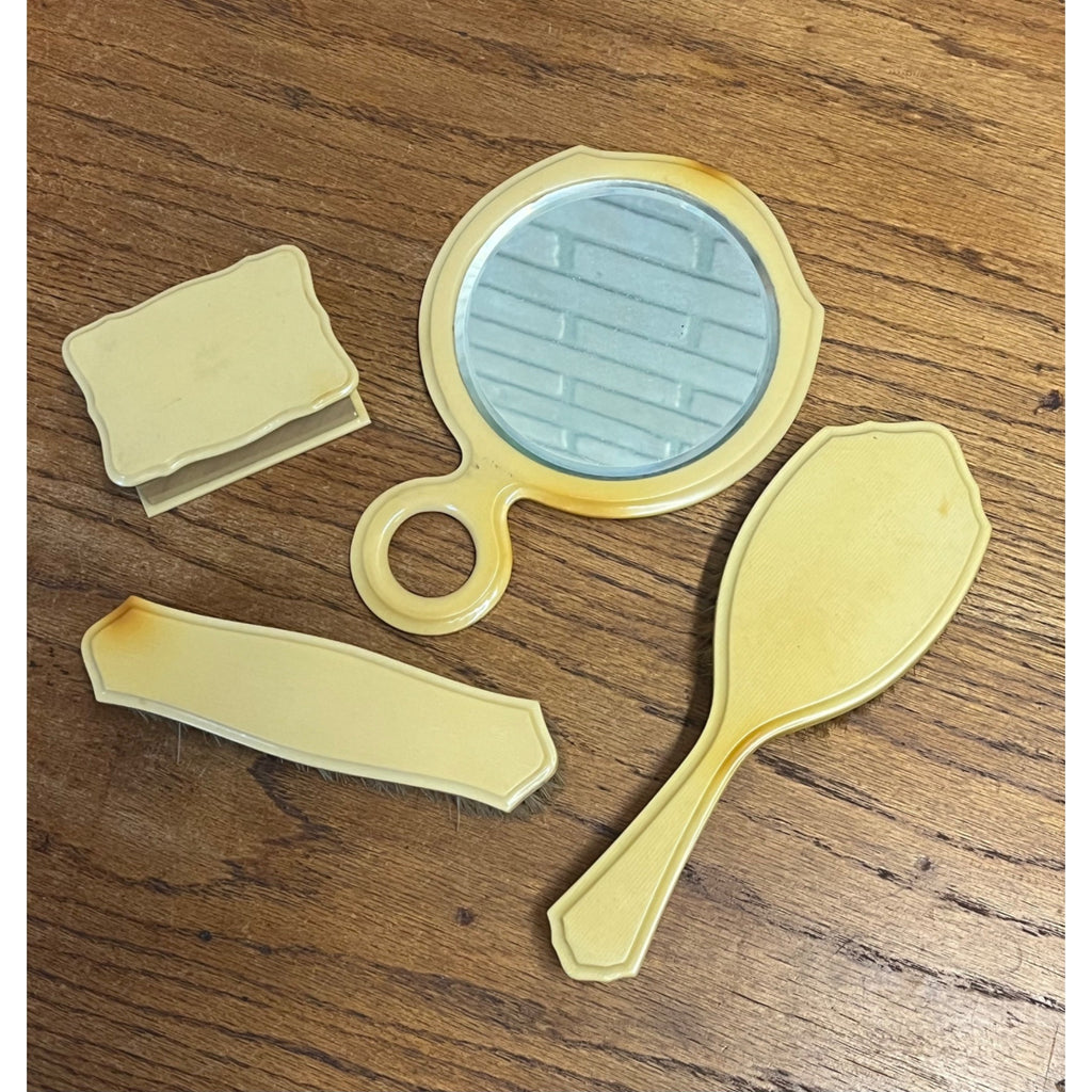 Vintage 1920s French Ivory Celluloid 4pc Vanity Set Hand Mirror, Brushes, & Powder Box