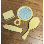 Vintage 1920s French Ivory Celluloid 4pc Vanity Set Hand Mirror, Brushes, & Powder Box