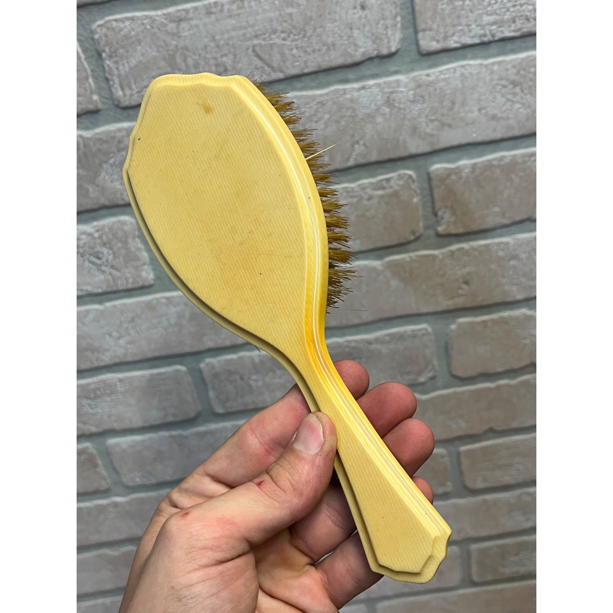 Vintage 1920s French Ivory Celluloid 4pc Vanity Set Hand Mirror, Brushes, & Powder Box