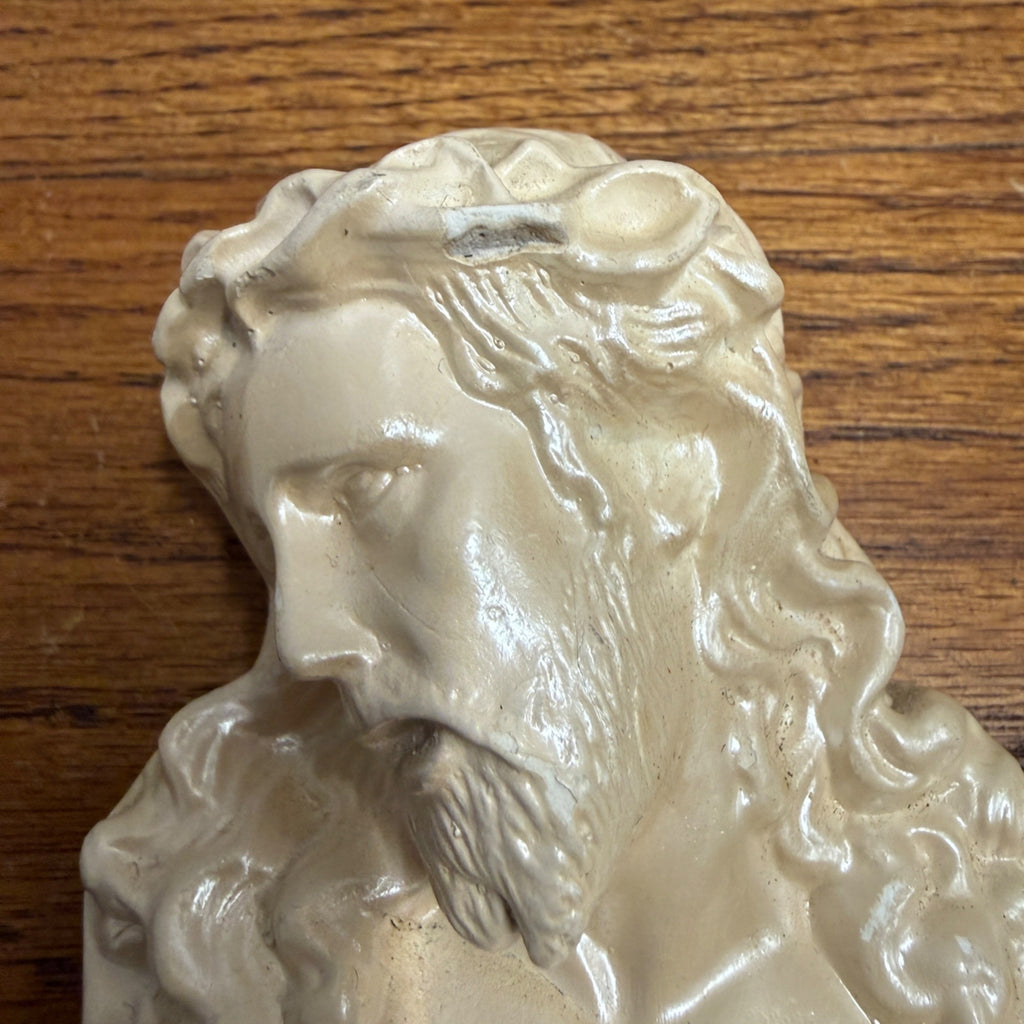 Pair Of Vintage Painted Gold Jesus And Mary Plaster Chalkware Wall Hanging