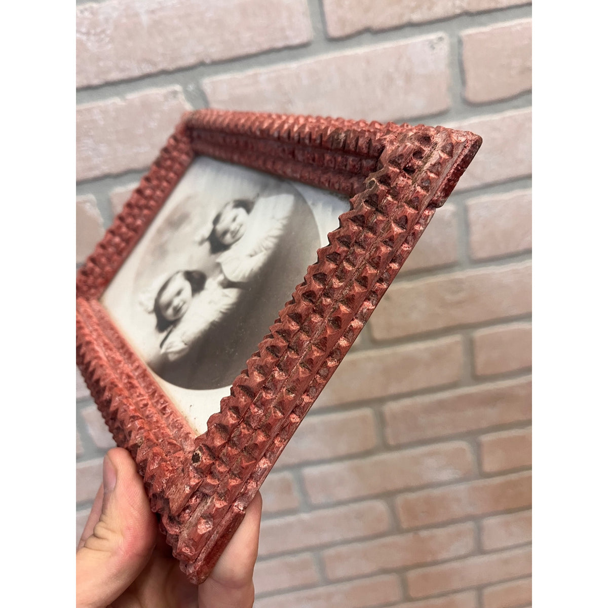 Antique Small Tramp Art Chip Carved Picture Photo Frame Red 6" x 7.5" Folk Art