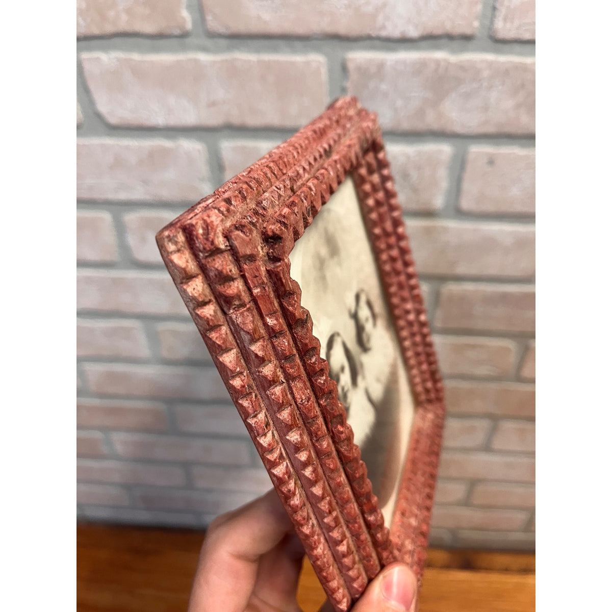 Antique Small Tramp Art Chip Carved Picture Photo Frame Red 6" x 7.5" Folk Art