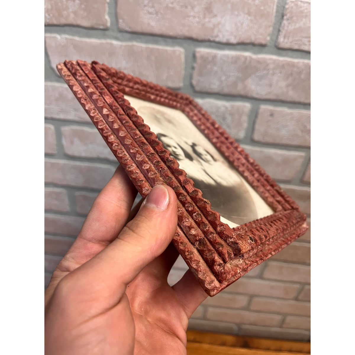 Antique Small Tramp Art Chip Carved Picture Photo Frame Red 6" x 7.5" Folk Art
