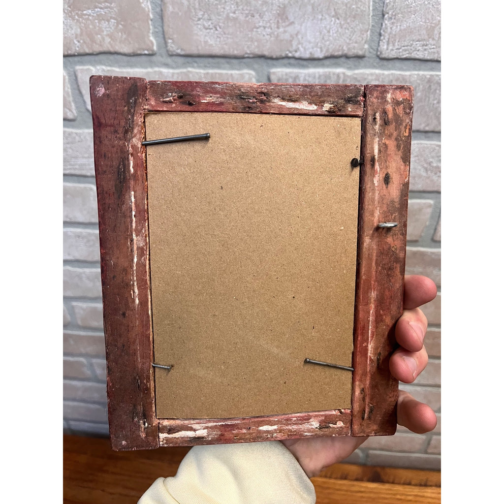 Antique Small Tramp Art Chip Carved Picture Photo Frame Red 6" x 7.5" Folk Art