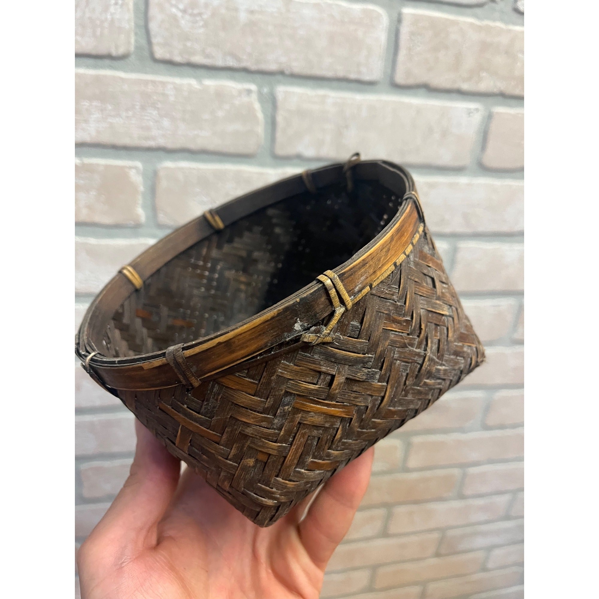 Antique Japanese Bamboo Basket Hand Woven Primitive Folk Art Sewing or Tea Storage