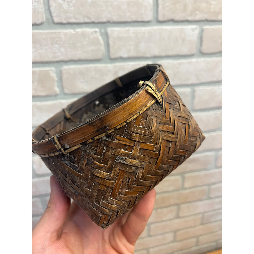 Antique Japanese Bamboo Basket Hand Woven Primitive Folk Art Sewing or Tea Storage
