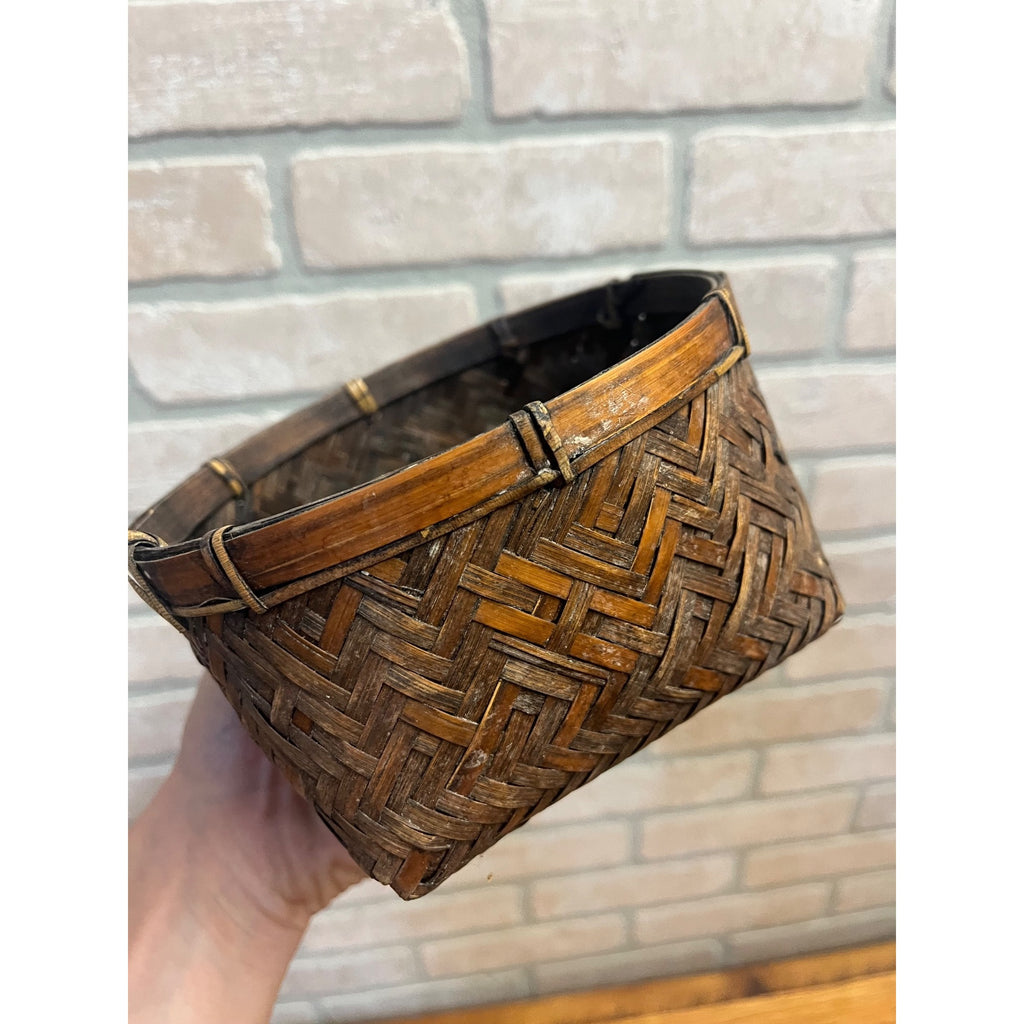 Antique Japanese Bamboo Basket Hand Woven Primitive Folk Art Sewing or Tea Storage