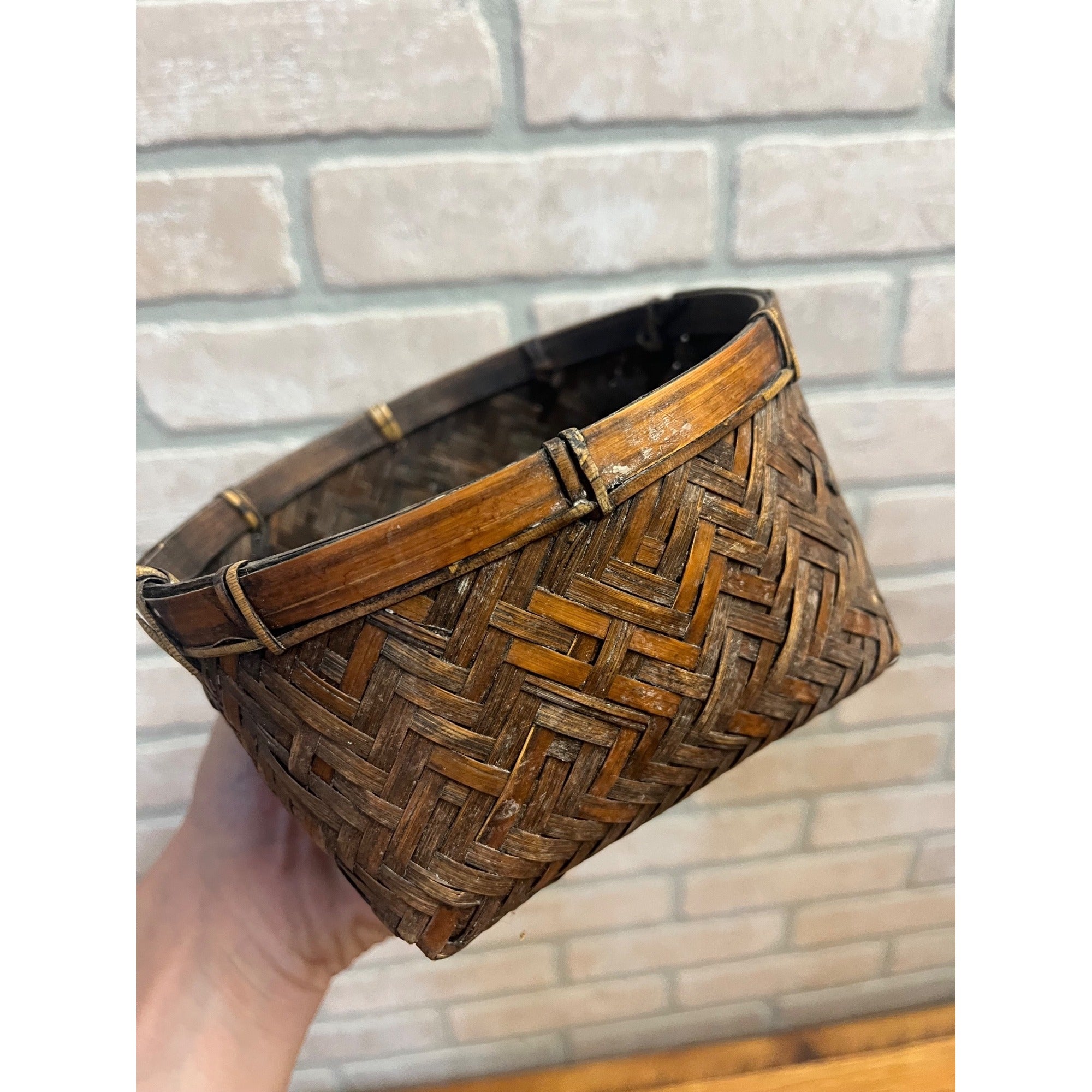 Antique Japanese Bamboo Basket Hand Woven Primitive Folk Art Sewing or Tea Storage