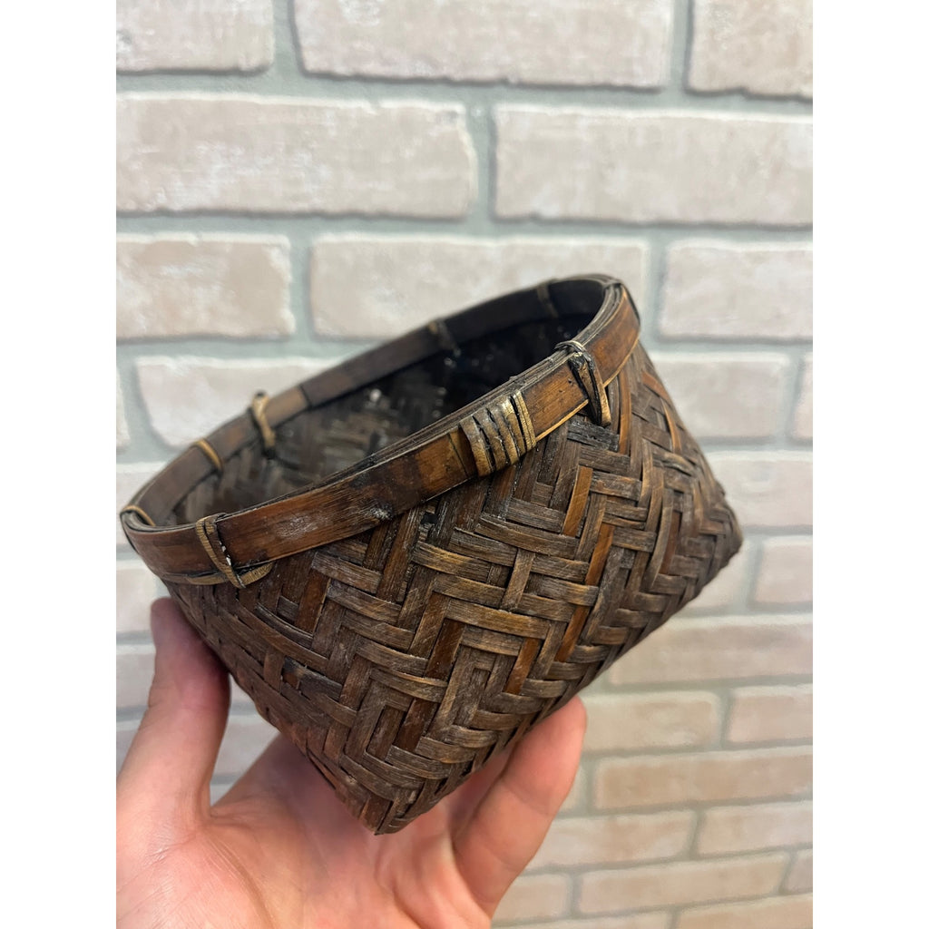 Antique Japanese Bamboo Basket Hand Woven Primitive Folk Art Sewing or Tea Storage