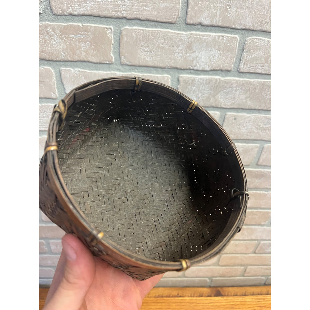 Antique Japanese Bamboo Basket Hand Woven Primitive Folk Art Sewing or Tea Storage