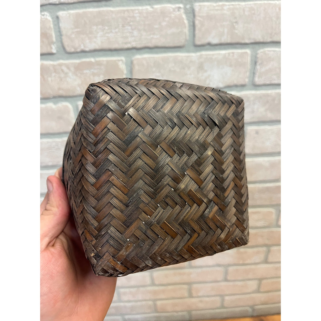 Antique Japanese Bamboo Basket Hand Woven Primitive Folk Art Sewing or Tea Storage