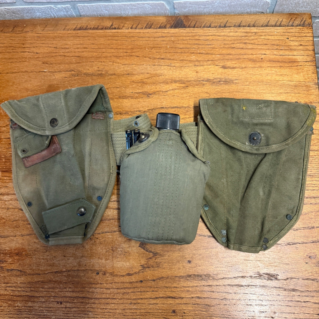 Vintage Military Canvas Canteen Pouch Set With Belt & Metal Canteen Cap Olive Green
