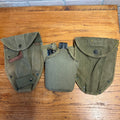 Vintage Military Canvas Canteen Pouch Set With Belt & Metal Canteen Cap Olive Green