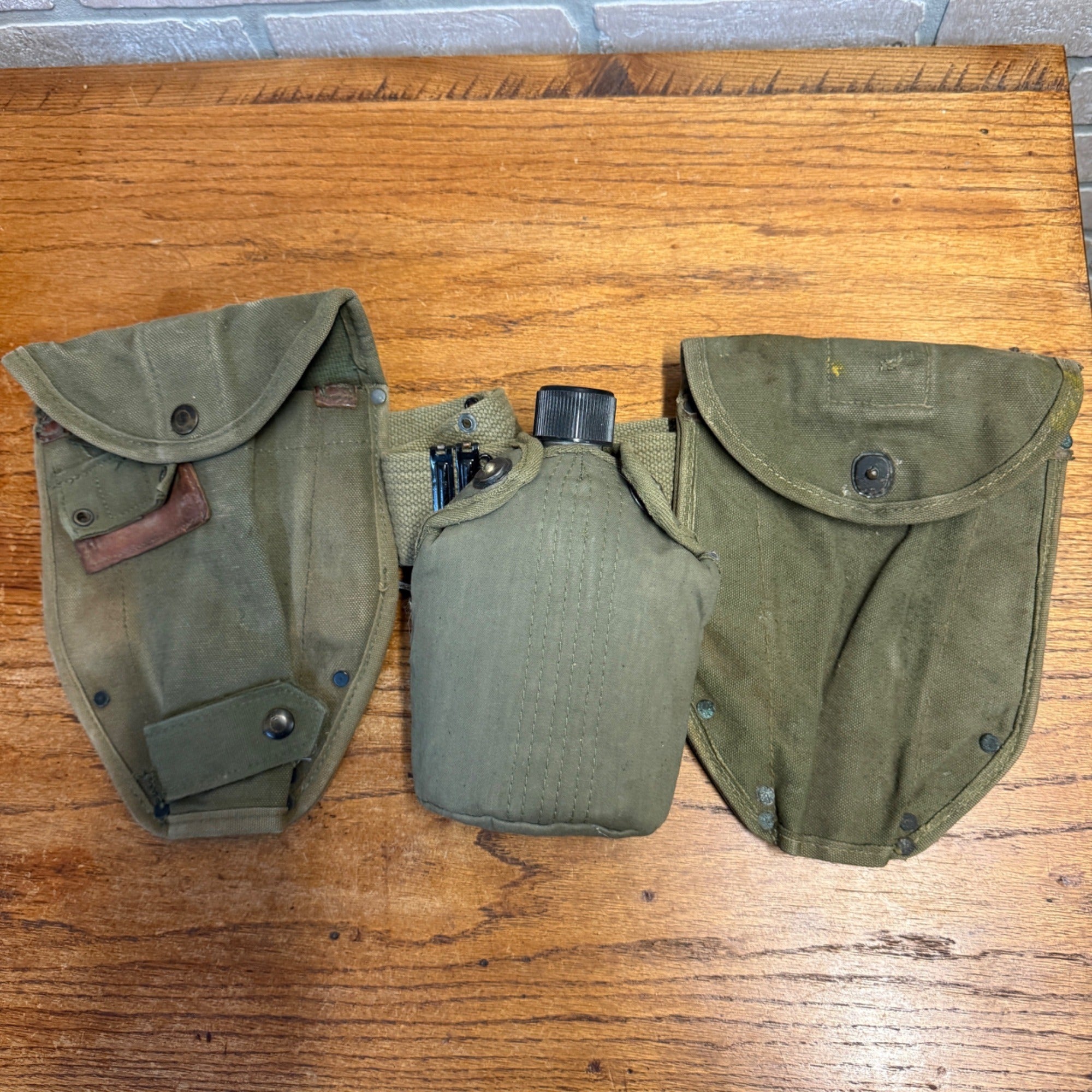 Vintage Military Canvas Canteen Pouch Set With Belt & Metal Canteen Cap Olive Green