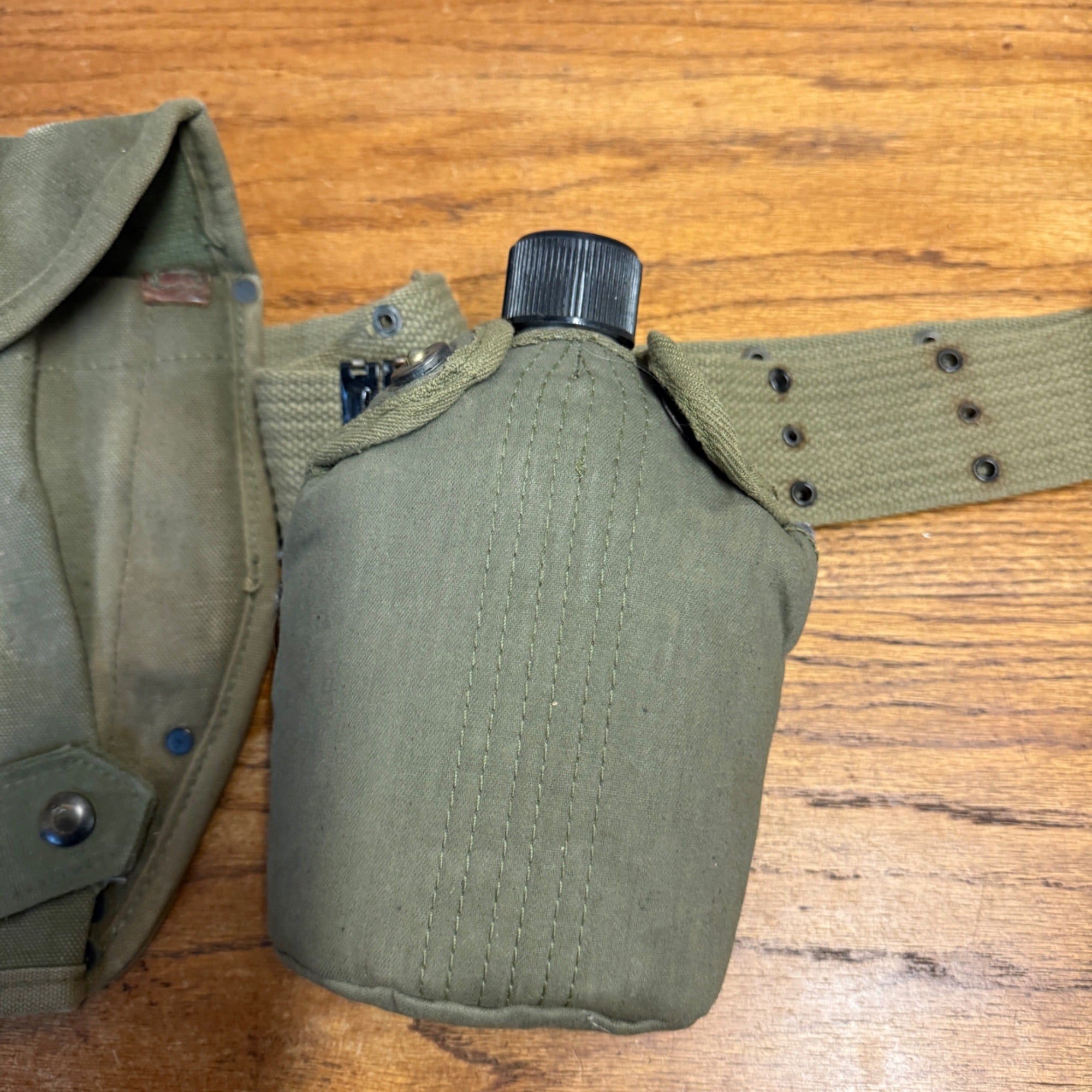 Vintage Military Canvas Canteen Pouch Set With Belt & Metal Canteen Cap Olive Green