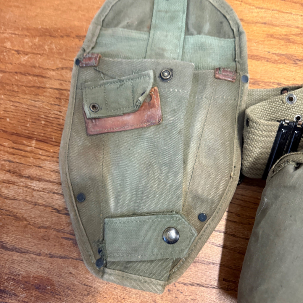 Vintage Military Canvas Canteen Pouch Set With Belt & Metal Canteen Cap Olive Green
