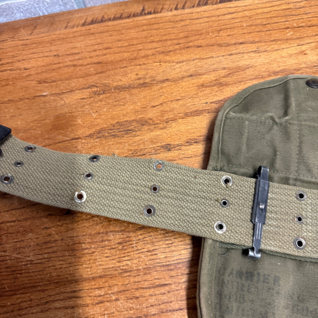 Vintage Military Canvas Canteen Pouch Set With Belt & Metal Canteen Cap Olive Green