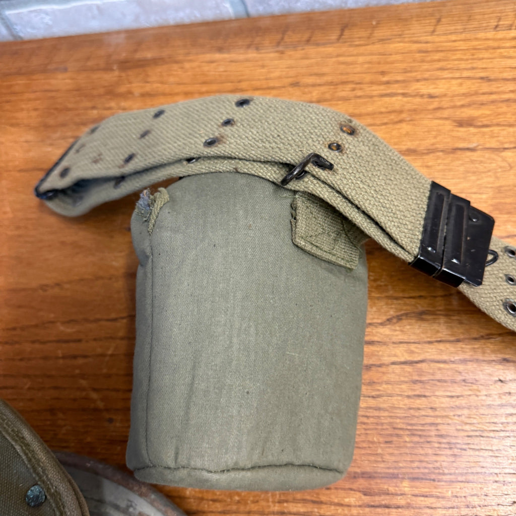 Vintage Military Canvas Canteen Pouch Set With Belt & Metal Canteen Cap Olive Green