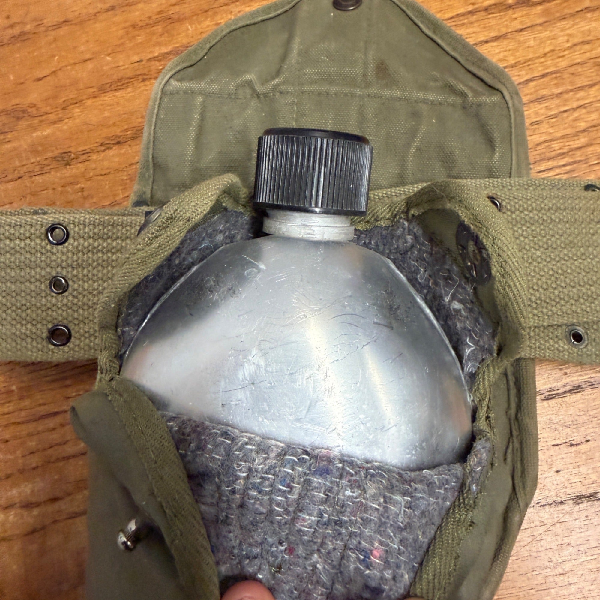 Vintage Military Canvas Canteen Pouch Set With Belt & Metal Canteen Cap Olive Green