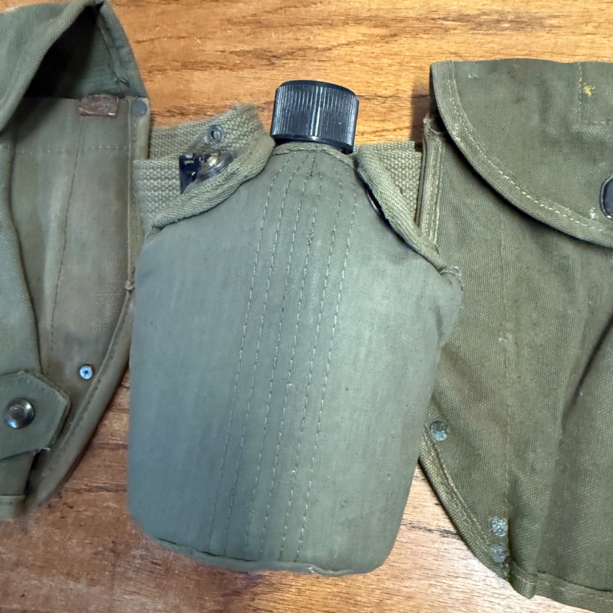 Vintage Military Canvas Canteen Pouch Set With Belt & Metal Canteen Cap Olive Green