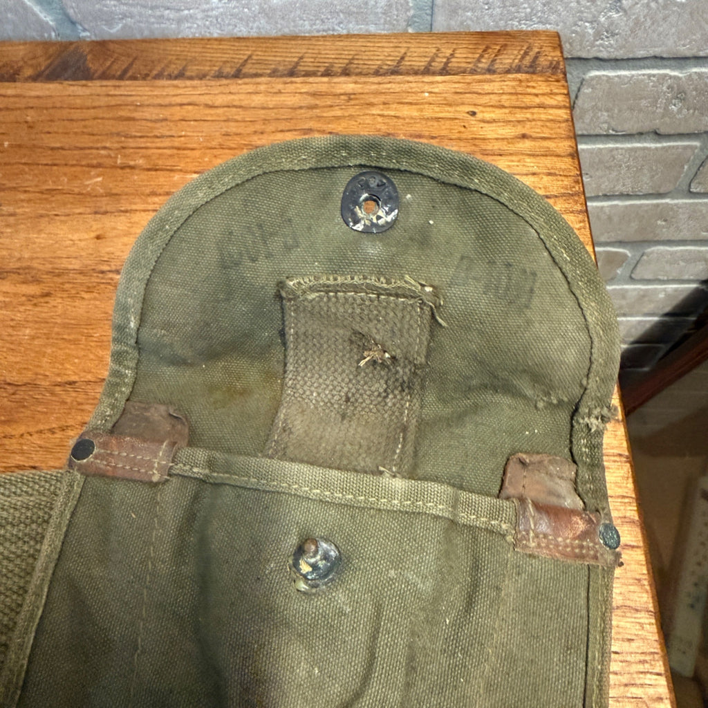 Vintage Military Canvas Canteen Pouch Set With Belt & Metal Canteen Cap Olive Green