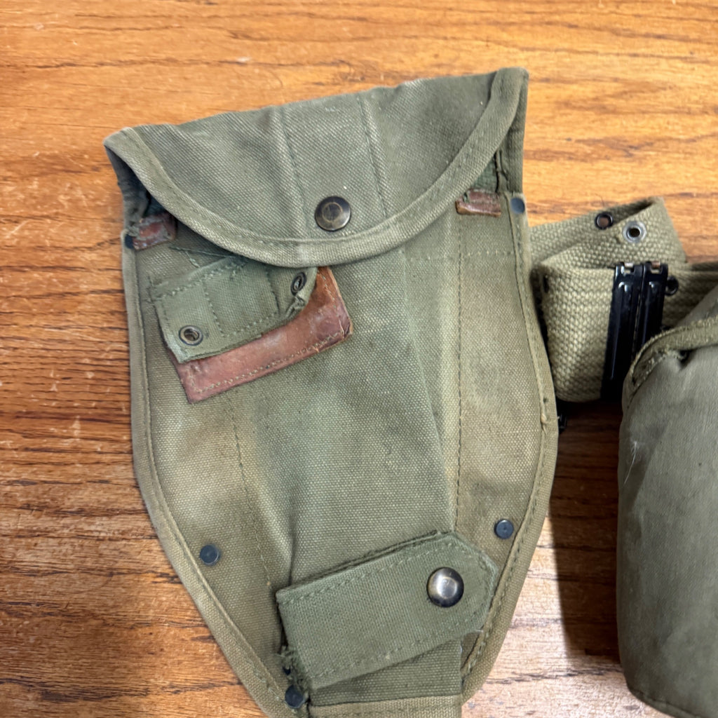 Vintage Military Canvas Canteen Pouch Set With Belt & Metal Canteen Cap Olive Green