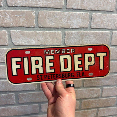 Vintage Member Fire Dept St. Petersburg, FLA - Plastic Sign License Plate Topper