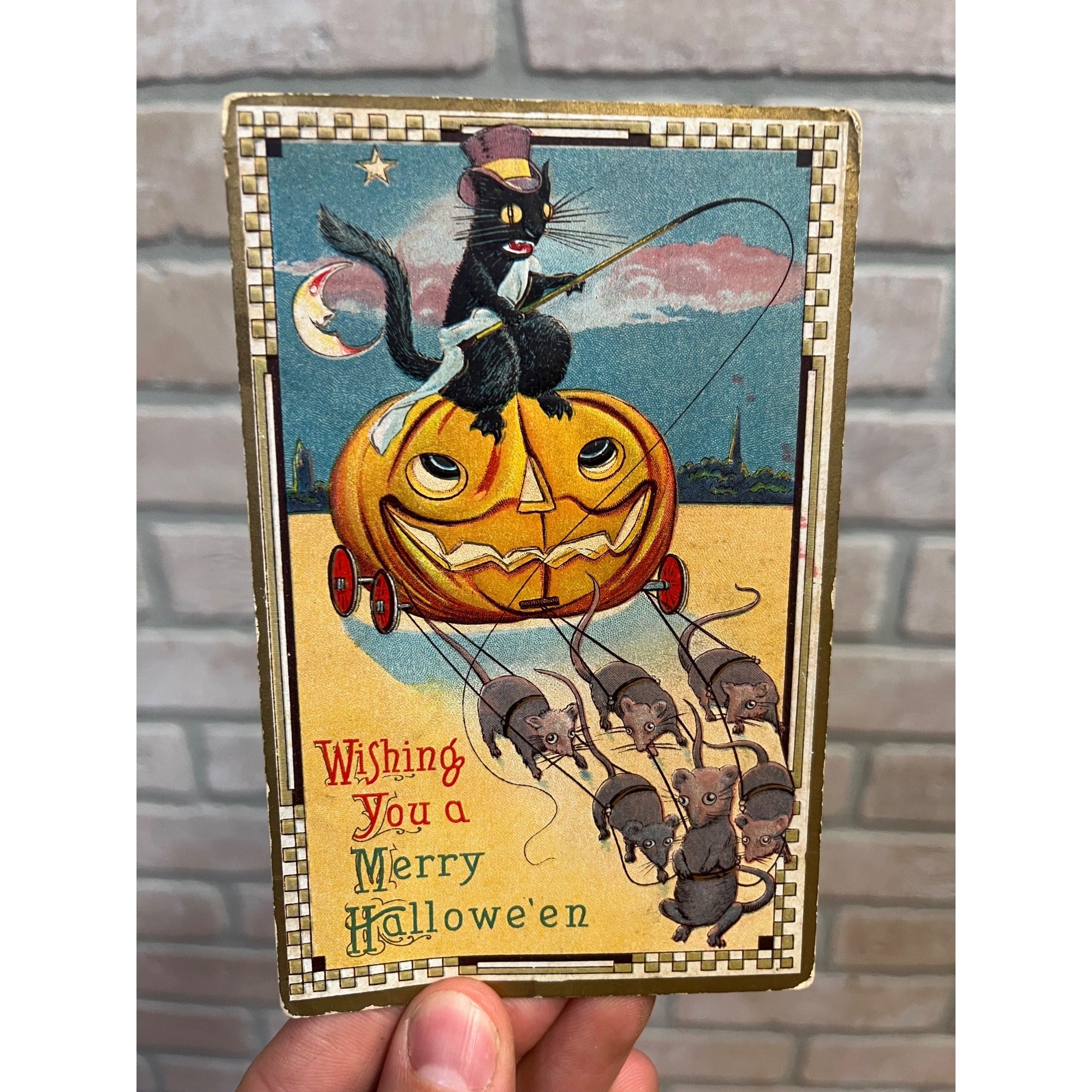 Vintage Halloween Postcard - Black Cat Drives Pumpkin with Mice Spooner S. 500