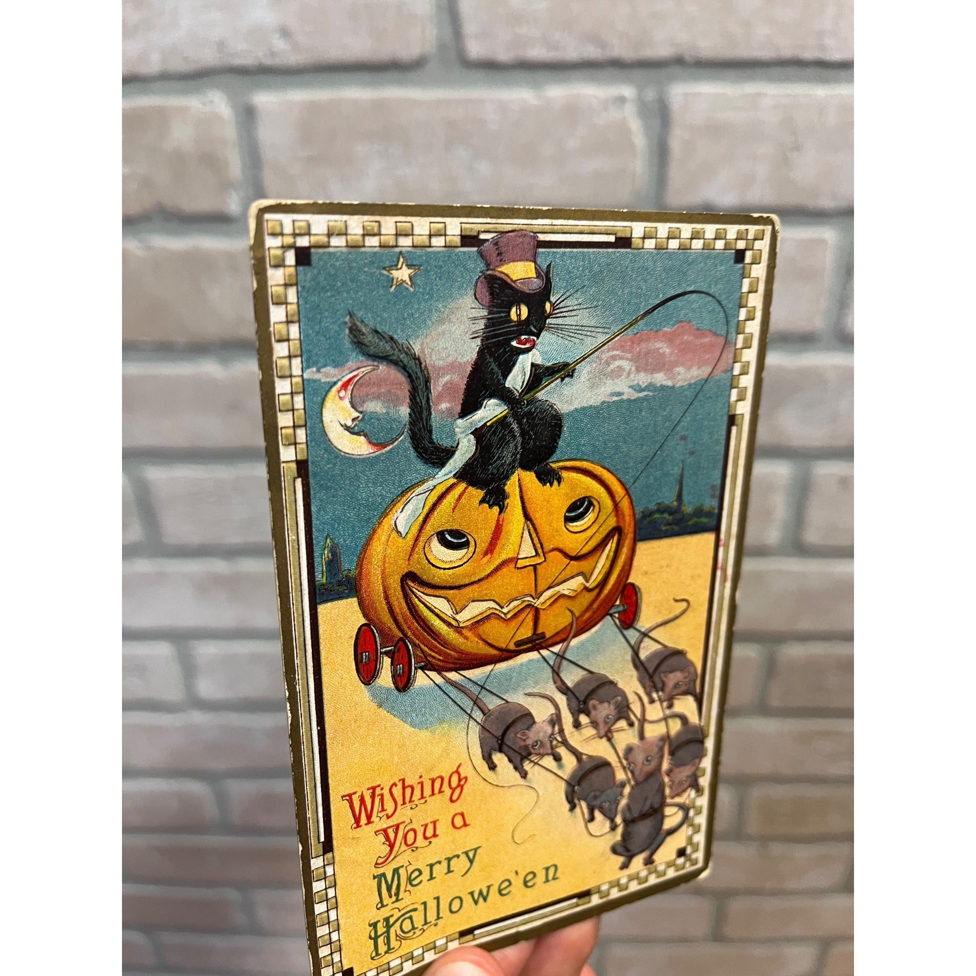 Vintage Halloween Postcard - Black Cat Drives Pumpkin with Mice Spooner S. 500
