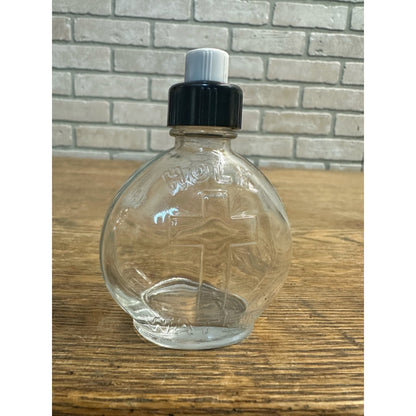 Vintage Holy Water Embossed Glass Bottle w/Plastic Cap Cross