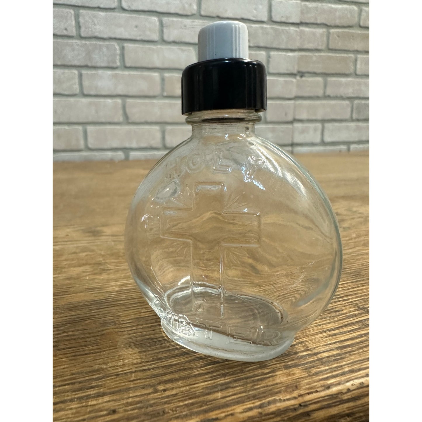 Vintage Holy Water Embossed Glass Bottle w/Plastic Cap Cross