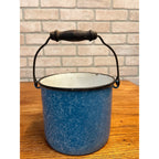 Antique Primitive Blue and White Sponge Pattern Graniteware Handled Lunch Pail/ Berry Pail/ Farmhouse Decor, No Lid