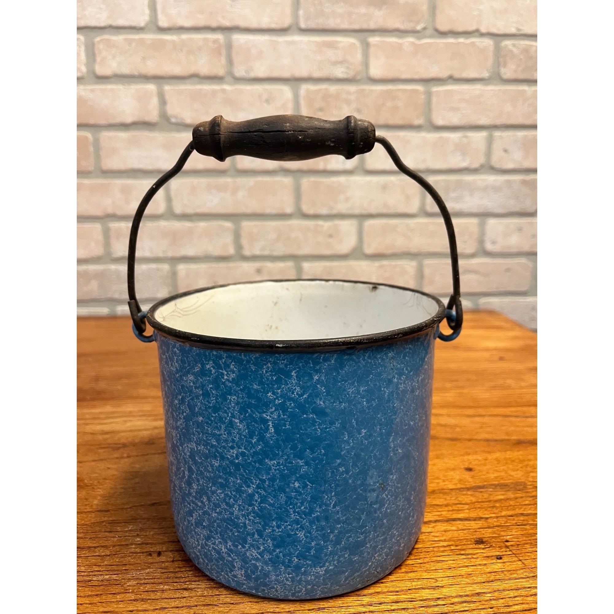 Antique Primitive Blue and White Sponge Pattern Graniteware Handled Lunch Pail/ Berry Pail/ Farmhouse Decor, No Lid