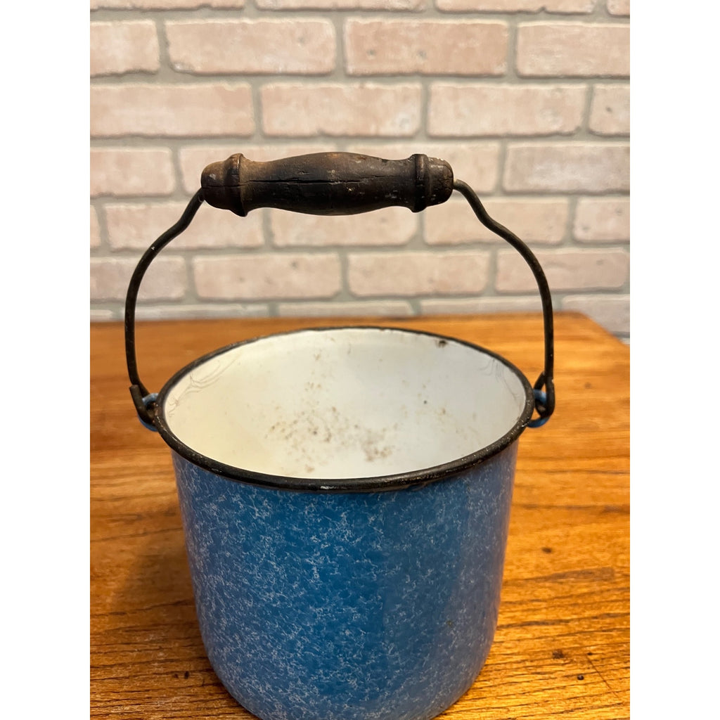 Antique Primitive Blue and White Sponge Pattern Graniteware Handled Lunch Pail/ Berry Pail/ Farmhouse Decor, No Lid