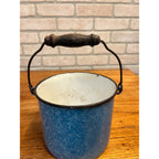 Antique Primitive Blue and White Sponge Pattern Graniteware Handled Lunch Pail/ Berry Pail/ Farmhouse Decor, No Lid