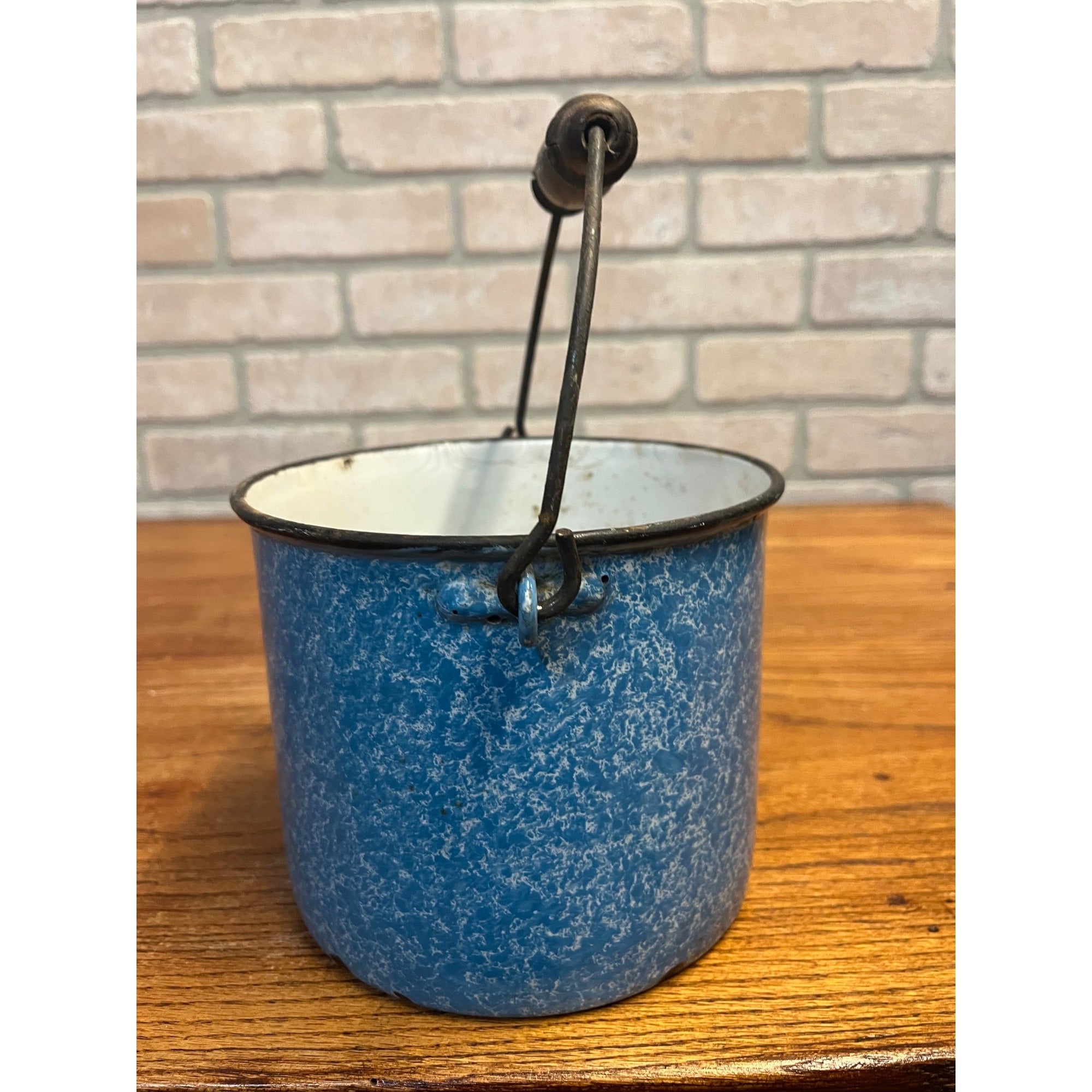 Antique Primitive Blue and White Sponge Pattern Graniteware Handled Lunch Pail/ Berry Pail/ Farmhouse Decor, No Lid