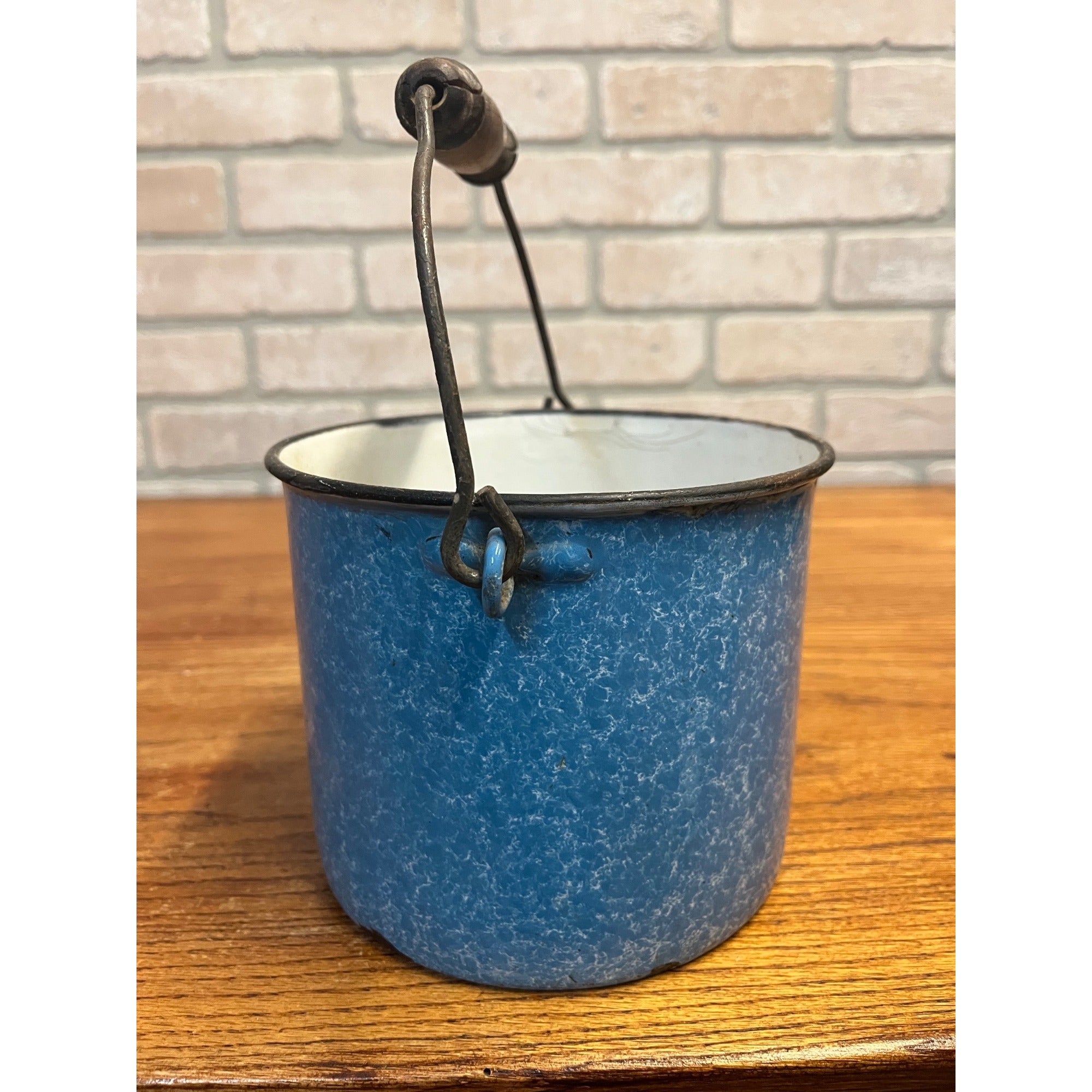 Antique Primitive Blue and White Sponge Pattern Graniteware Handled Lunch Pail/ Berry Pail/ Farmhouse Decor, No Lid