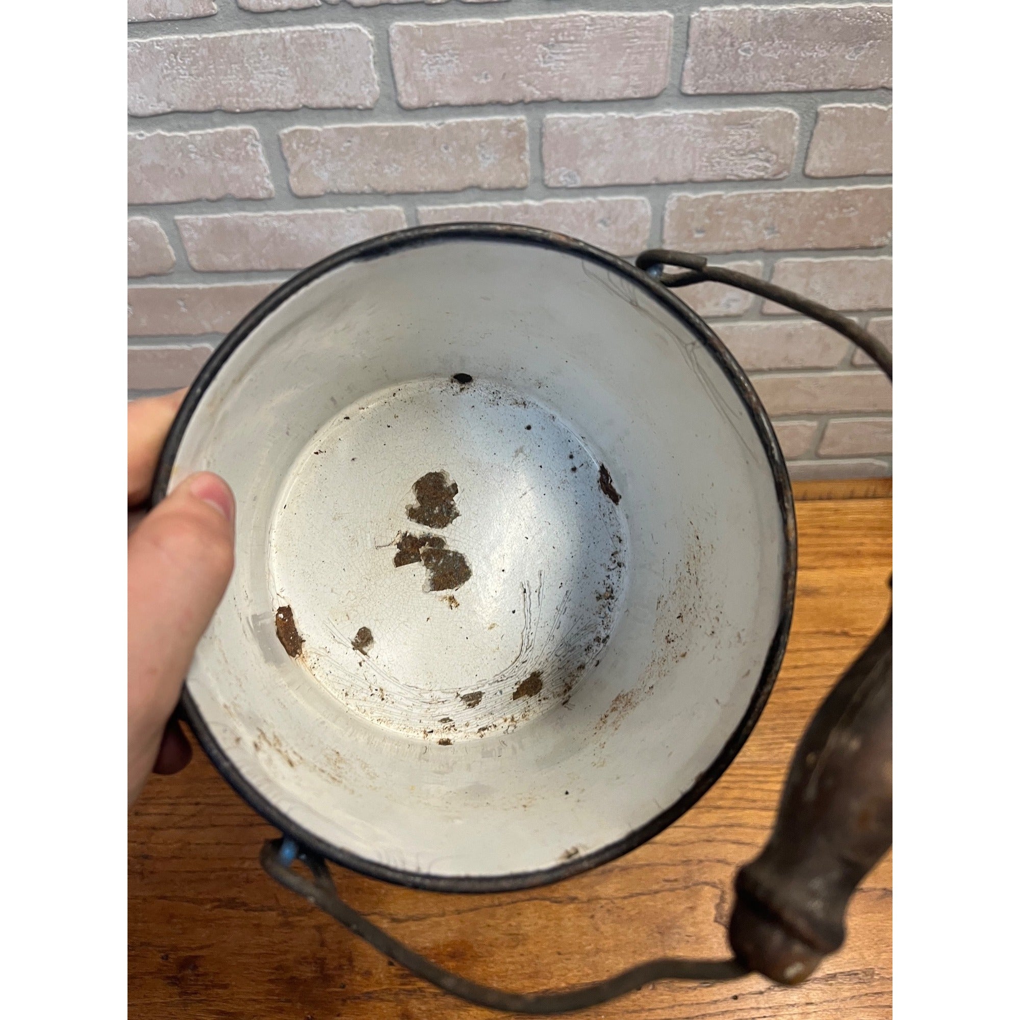 Antique Primitive Blue and White Sponge Pattern Graniteware Handled Lunch Pail/ Berry Pail/ Farmhouse Decor, No Lid