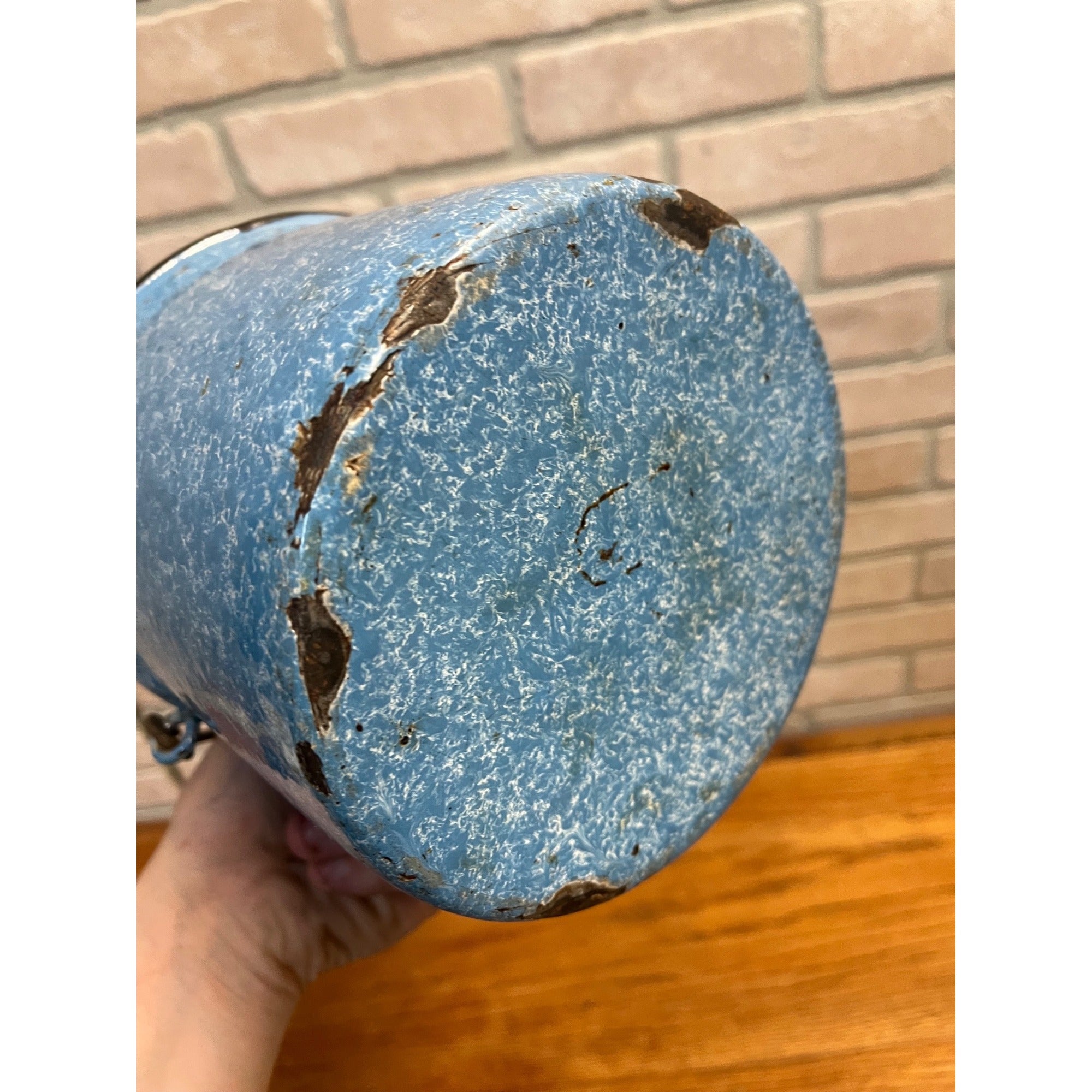 Antique Primitive Blue and White Sponge Pattern Graniteware Handled Lunch Pail/ Berry Pail/ Farmhouse Decor, No Lid