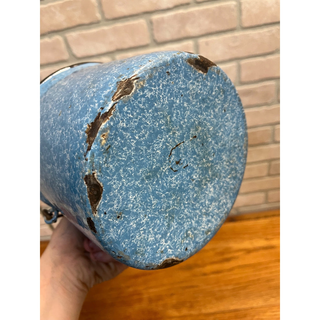Antique Primitive Blue and White Sponge Pattern Graniteware Handled Lunch Pail/ Berry Pail/ Farmhouse Decor, No Lid