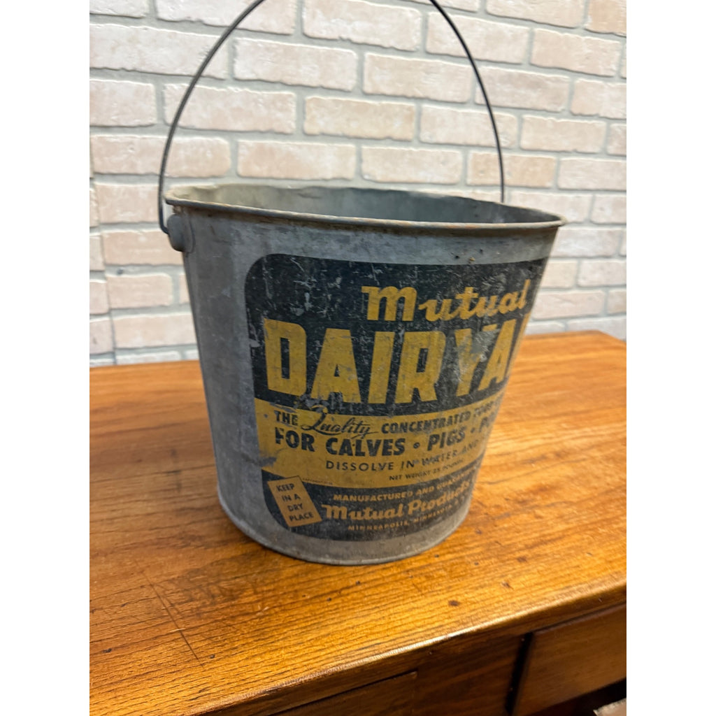 Vintage Mutual Dairyade Advertising Galvanized Farm Feed Bucket Pail Calves Pigs