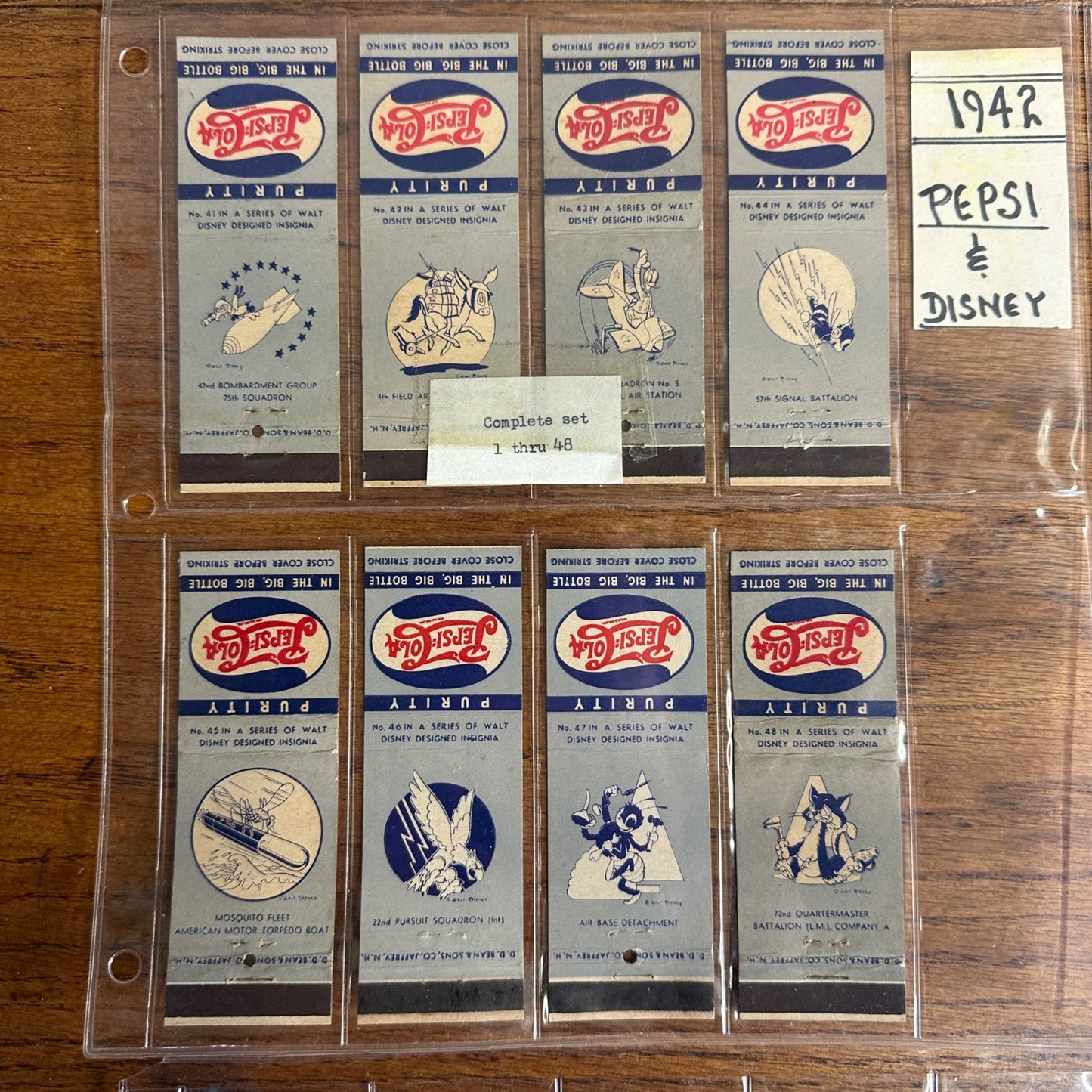 Vintage WWII 1942 Pepsi Cola Matchbooks Walt Disney Insignias Complete Set 1-48.