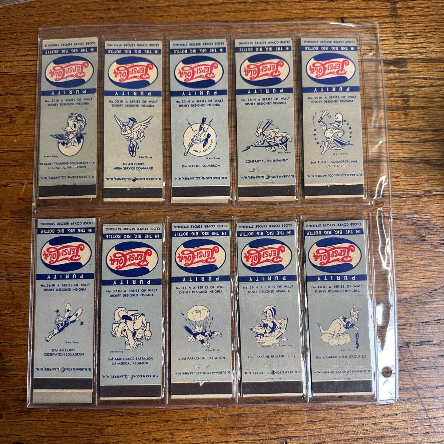 Vintage WWII 1942 Pepsi Cola Matchbooks Walt Disney Insignias Complete Set 1-48.