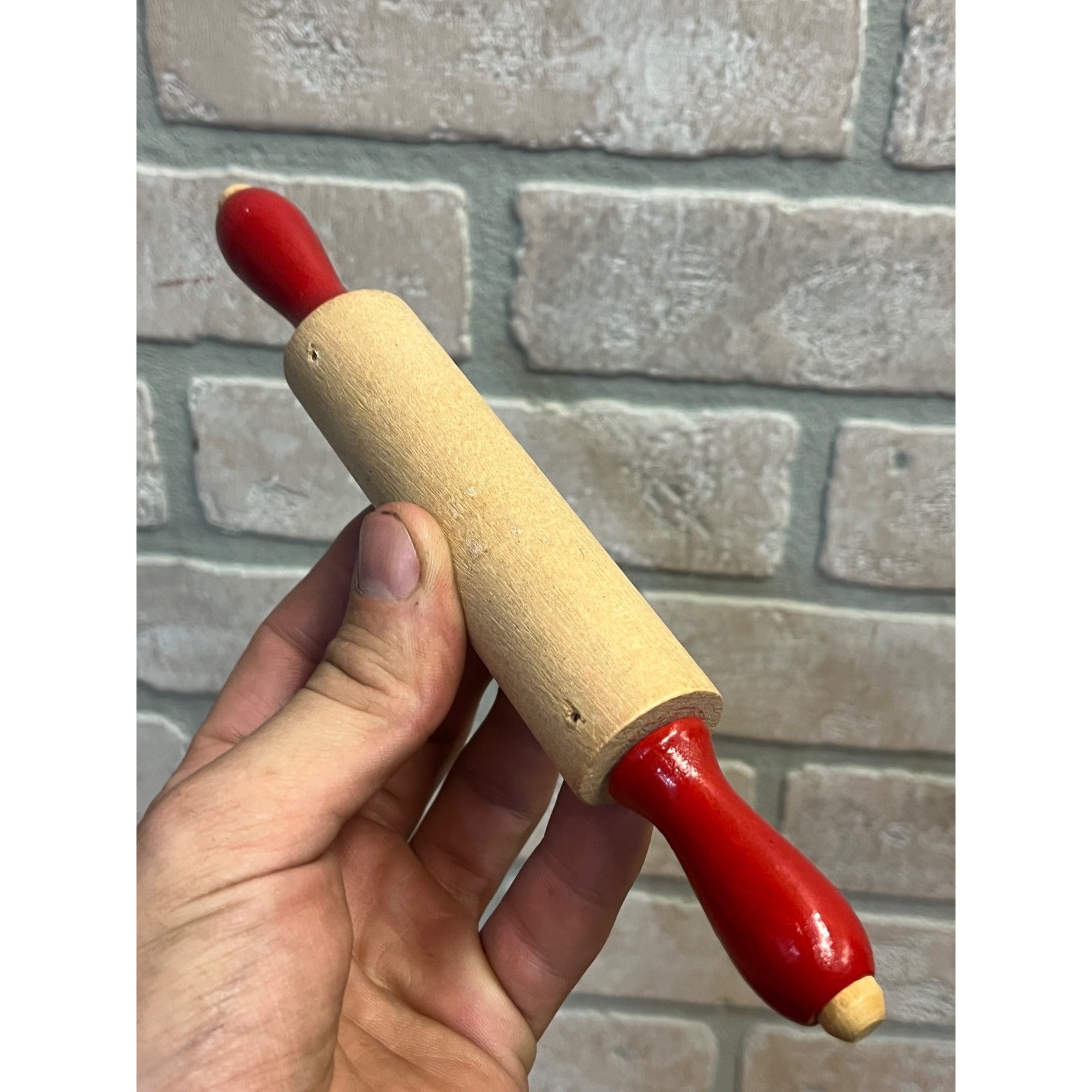 Vintage Child's Wooden Rolling Pin Red Handles Toy Kitchen Baking Primitive Decor
