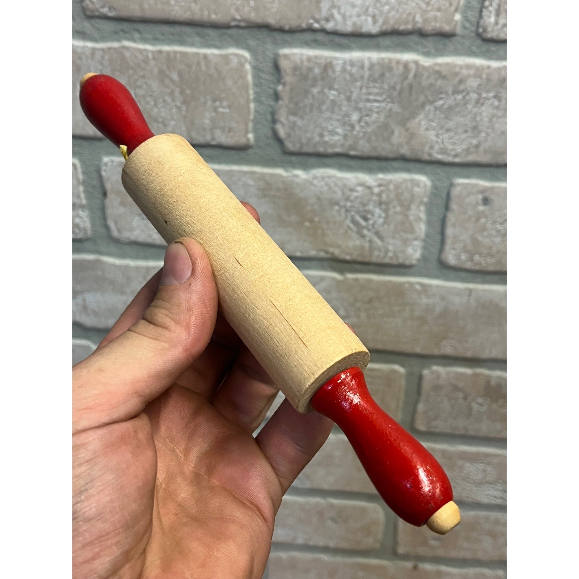 Vintage Child's Wooden Rolling Pin Red Handles Toy Kitchen Baking Primitive Decor