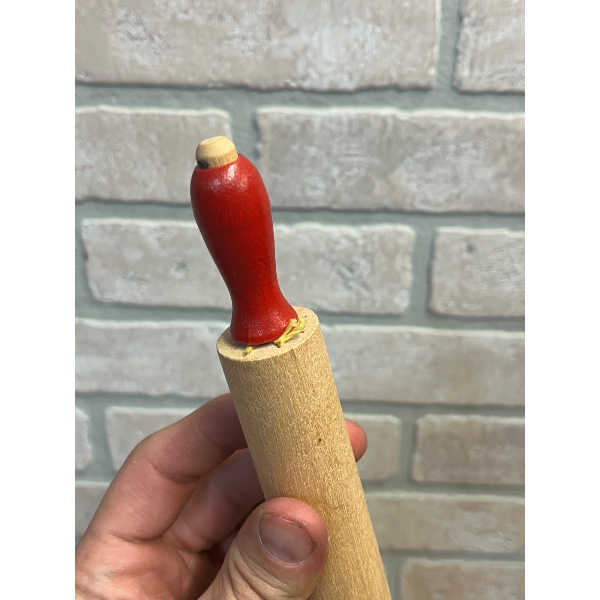 Vintage Child's Wooden Rolling Pin Red Handles Toy Kitchen Baking Primitive Decor
