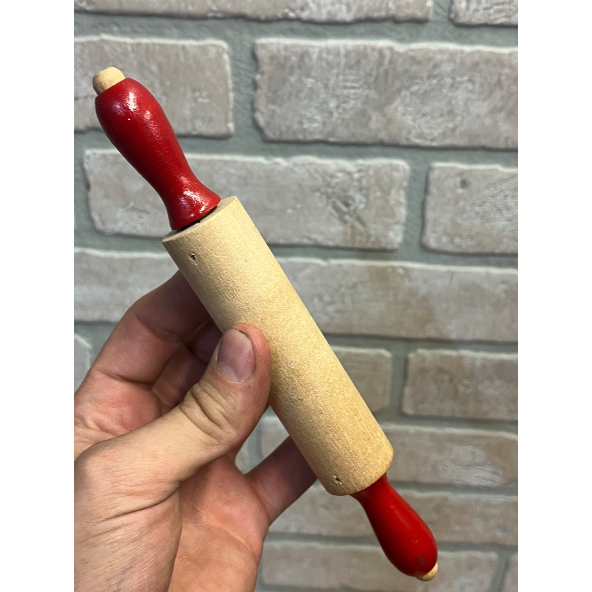 Vintage Child's Wooden Rolling Pin Red Handles Toy Kitchen Baking Primitive Decor